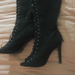 Black Lace-Up Thigh High Heels